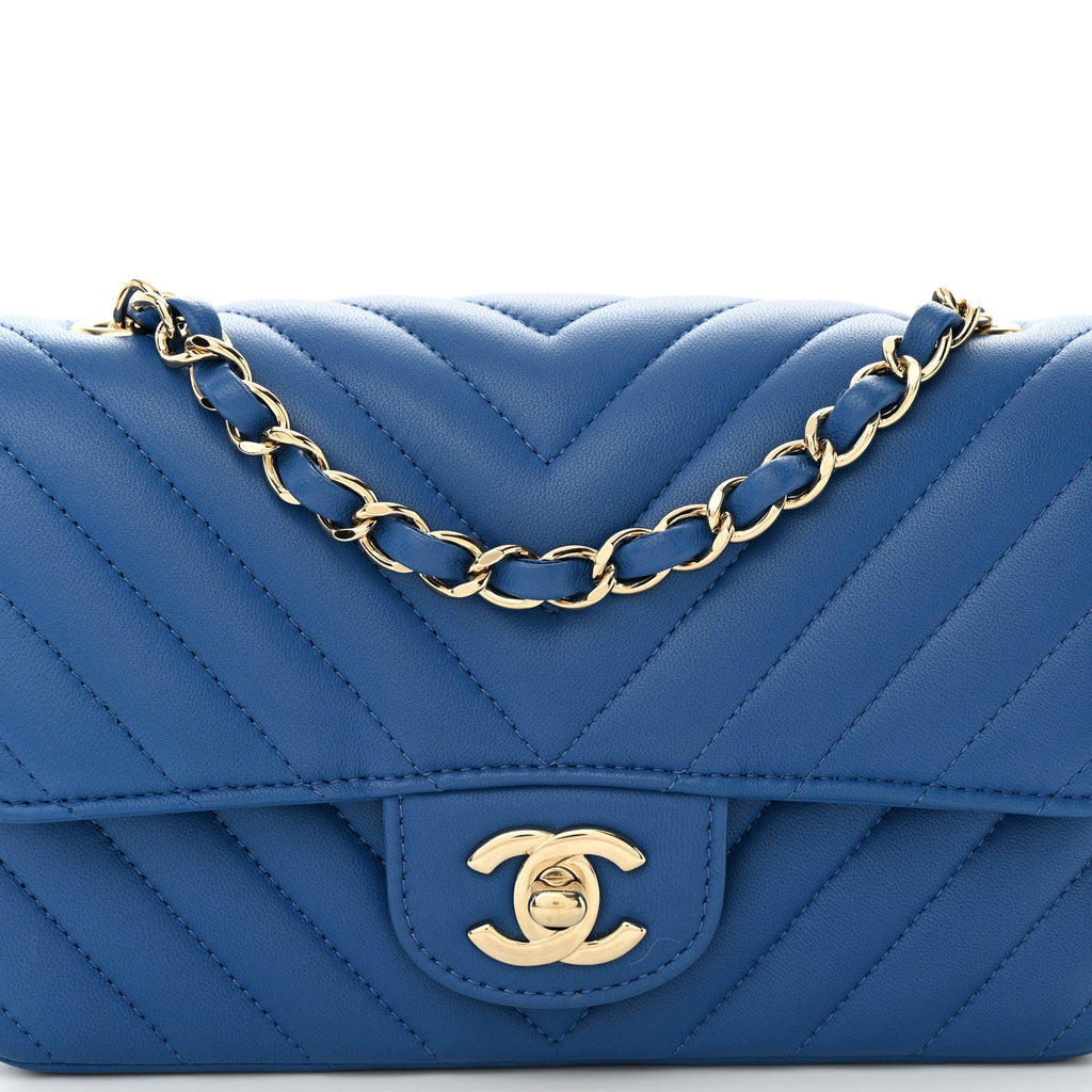 Lambskin Chevron Quilted Mini Rectangular Flap Blue