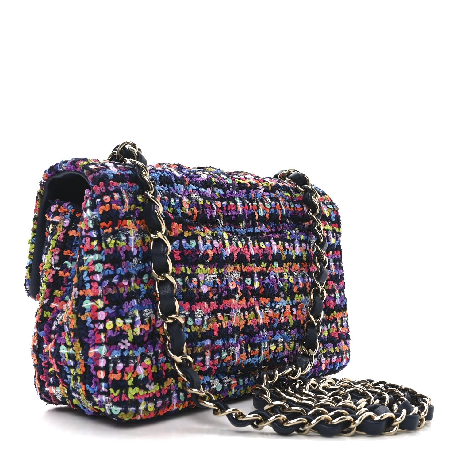 Tweed Quilted Mini Rectangular Flap Navy Blue Multicolor