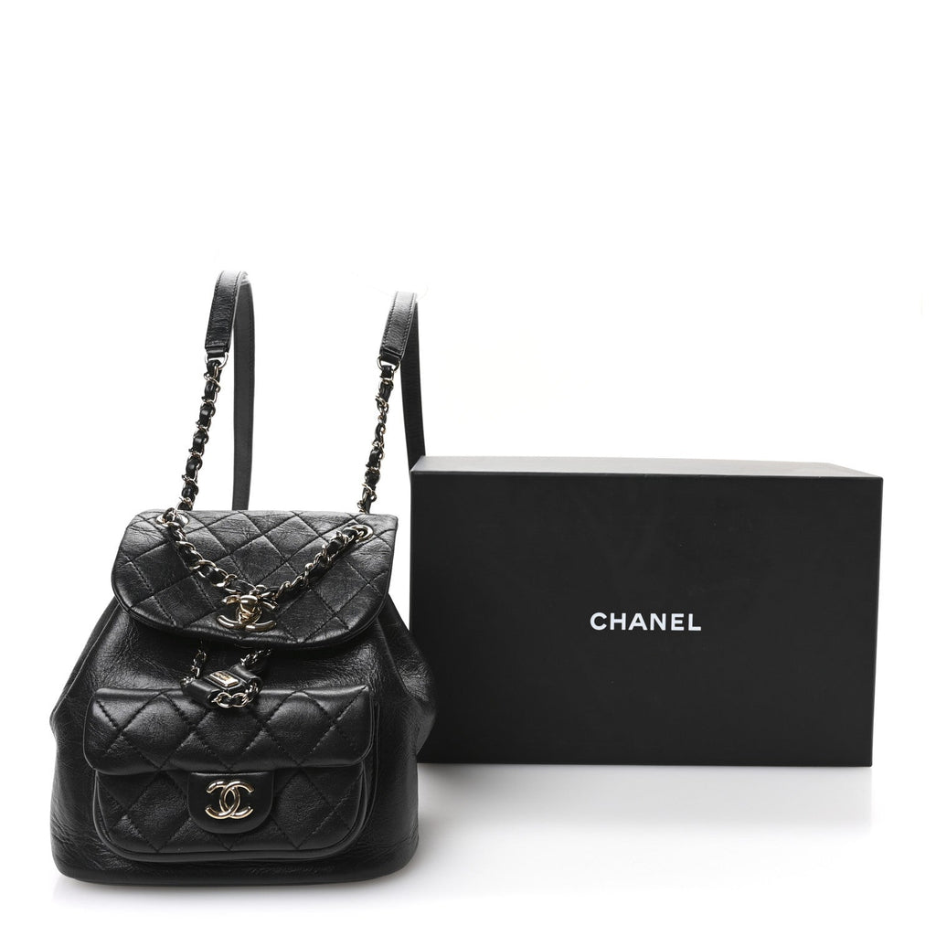 Glazed Aged Calfskin Quilted Small Duma Drawstring Backpack Black
