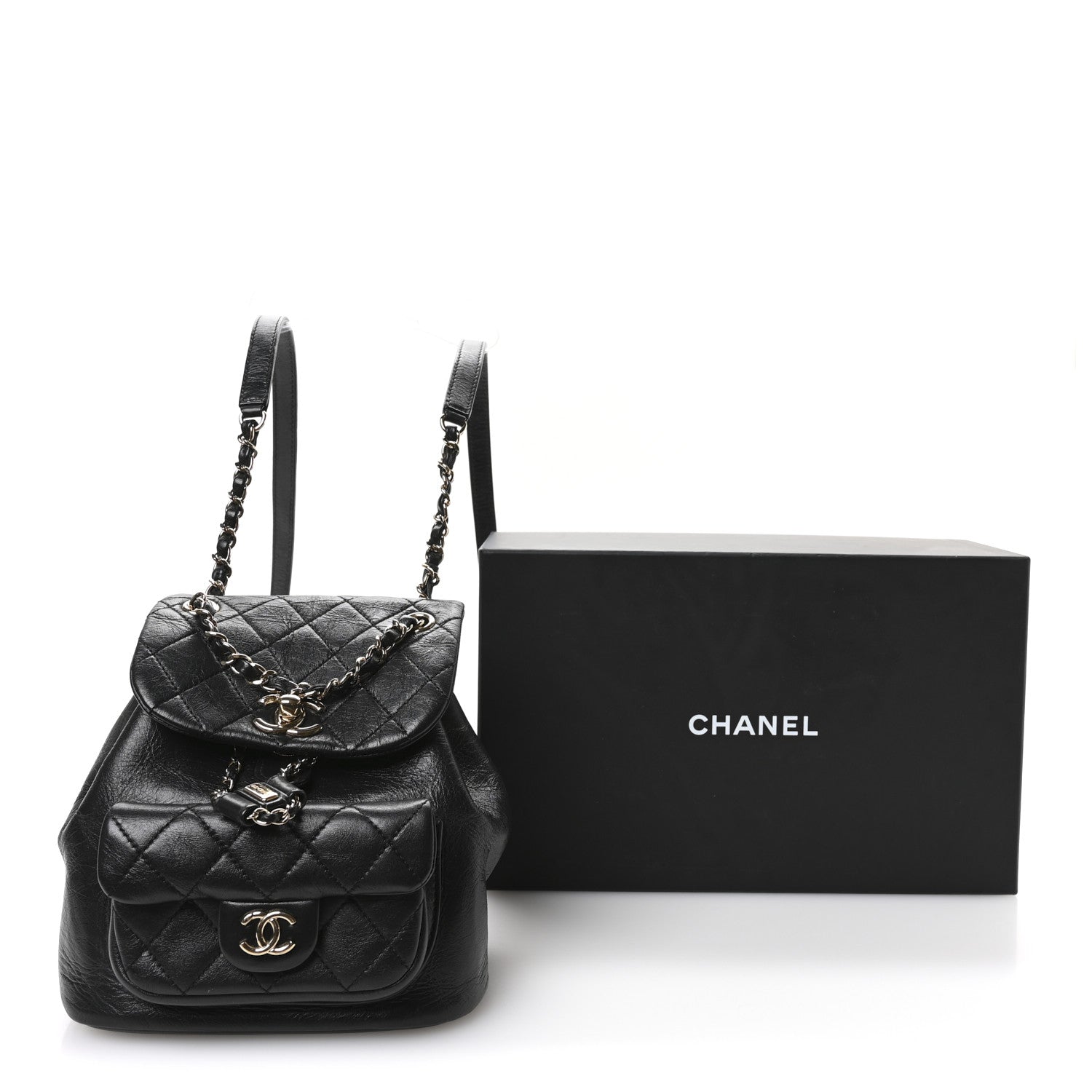 Glazed Aged Calfskin Quilted Small Duma Drawstring Backpack Black