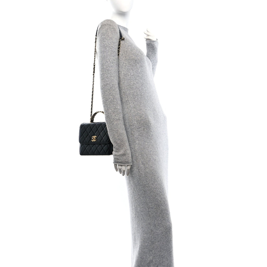 Shiny Calfskin Quilted Small Metal Chain Top Handle Flap Black