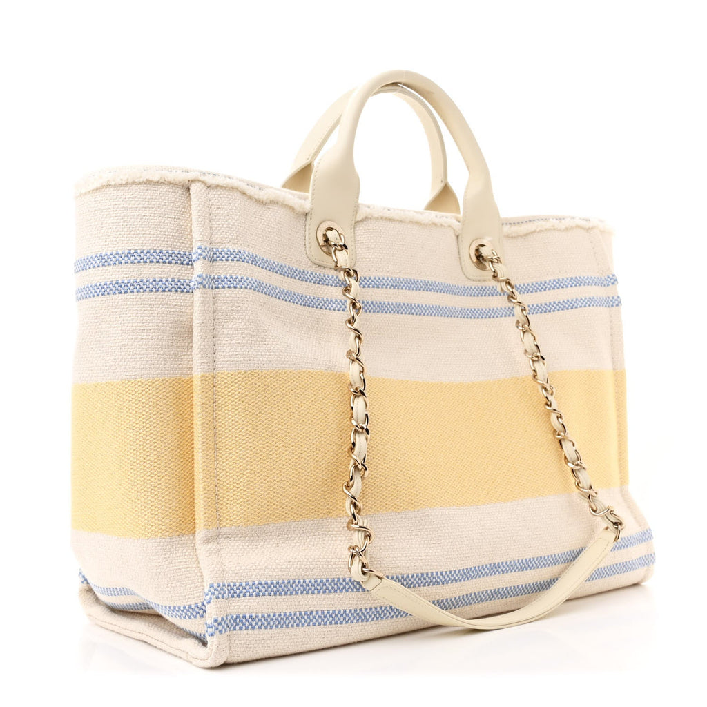 Striped Canvas Medium Deauville Tote Ecru Blue Yellow