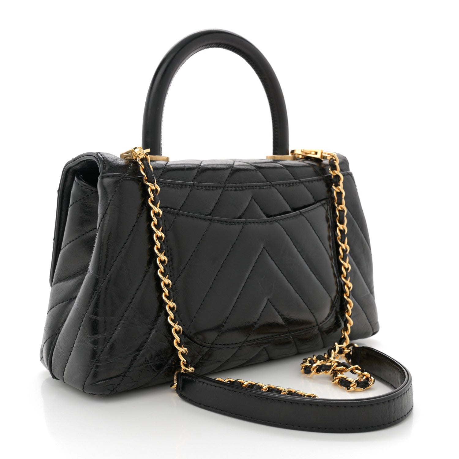 Aged Calfskin Chevron Quilted Mini Coco Handle Flap Black