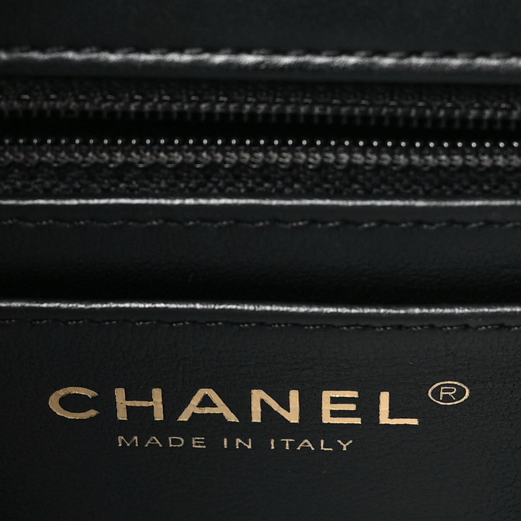 Lambskin Metal Quilted Twist Top Handle Flap With Chain Black