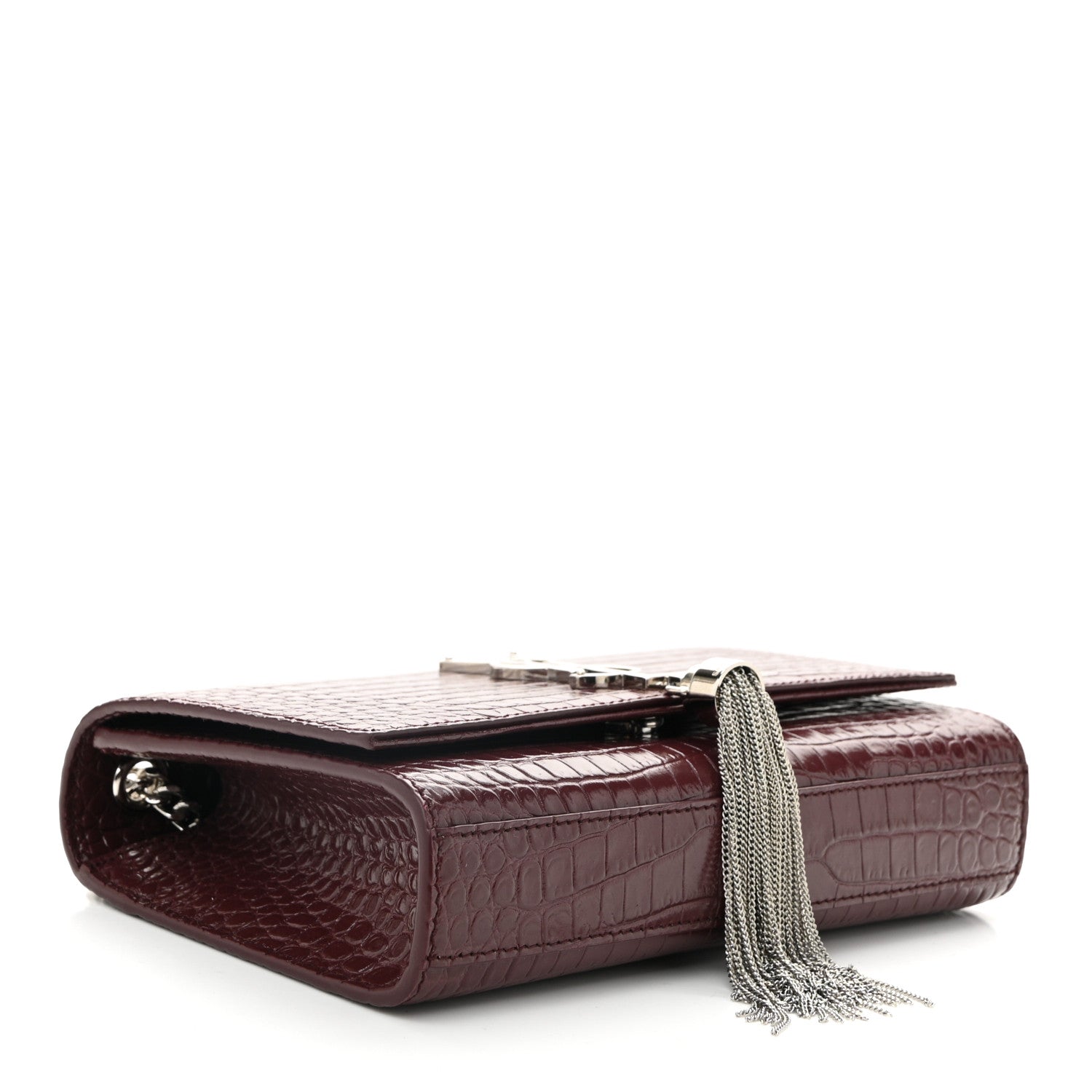 Calfskin Crocodile Embossed Small Classic Monogram Kate Tassel Satchel Rouge Legion