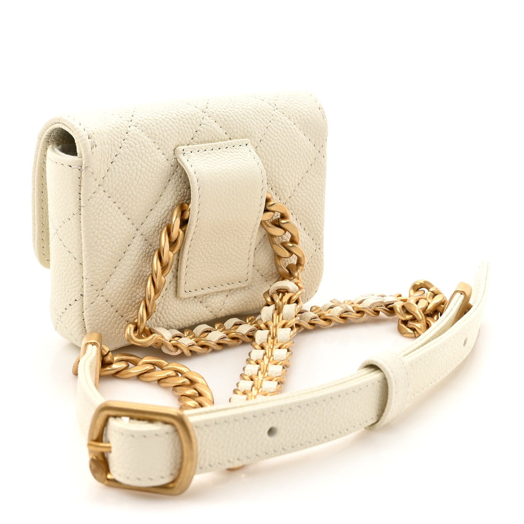 Shiny Caviar Quilted Chain Melody Belt Bag White