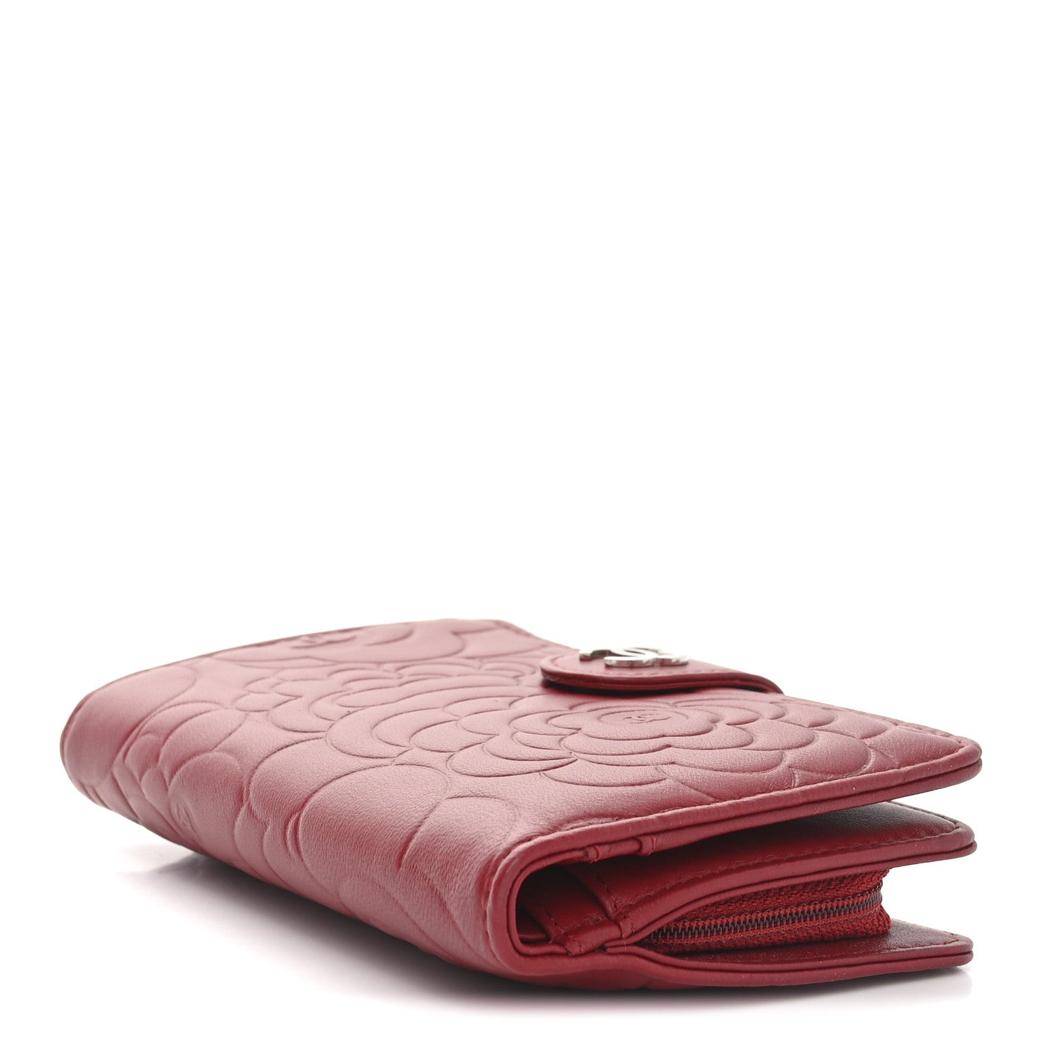Lambskin Camellia Embossed Zipped Pocket Wallet Red