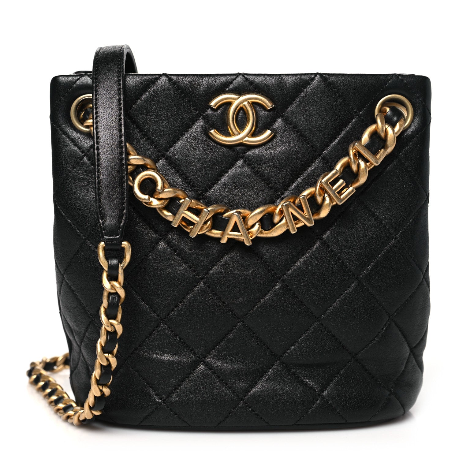 Lambskin Quilted Chaine Lettre Small Bucket Bag Black