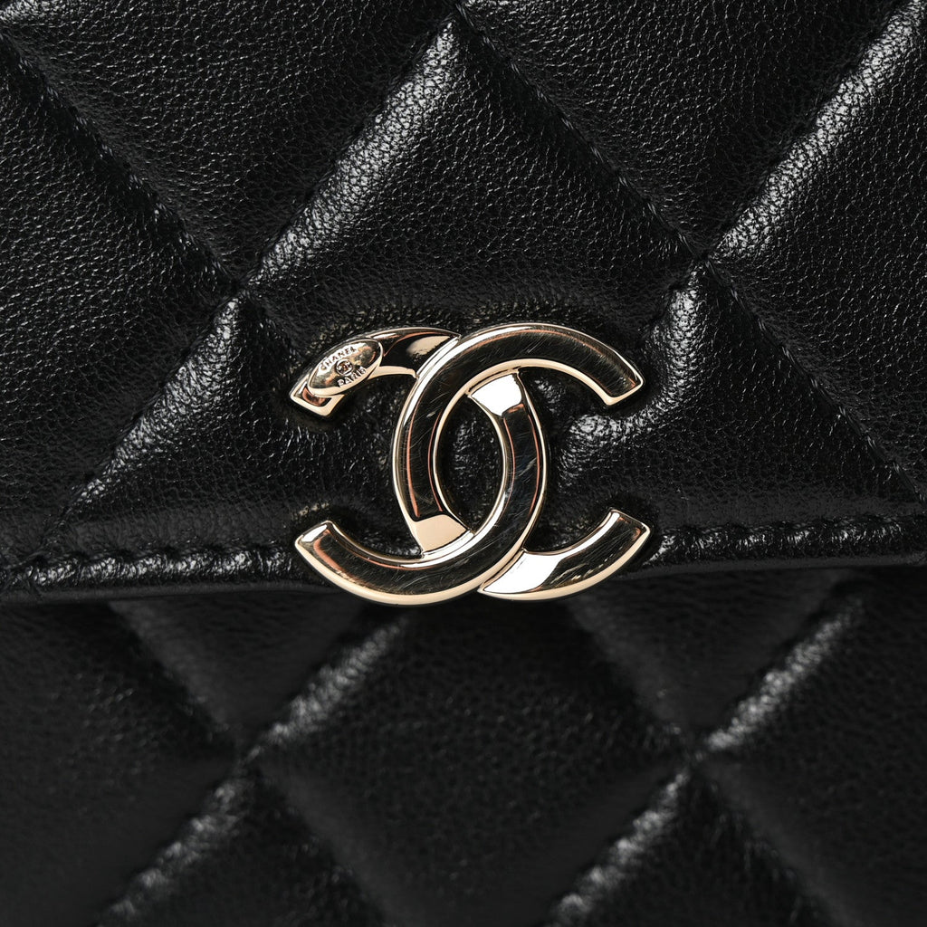Lambskin Quilted Top Handle Flap Clutch With Chain Black