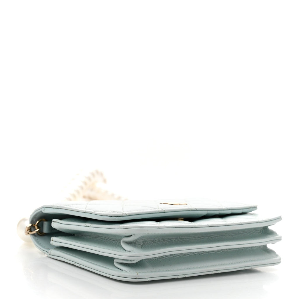 Calfskin Quilted Mini Maxi Pearls Wallet On Chain WOC Light Blue
