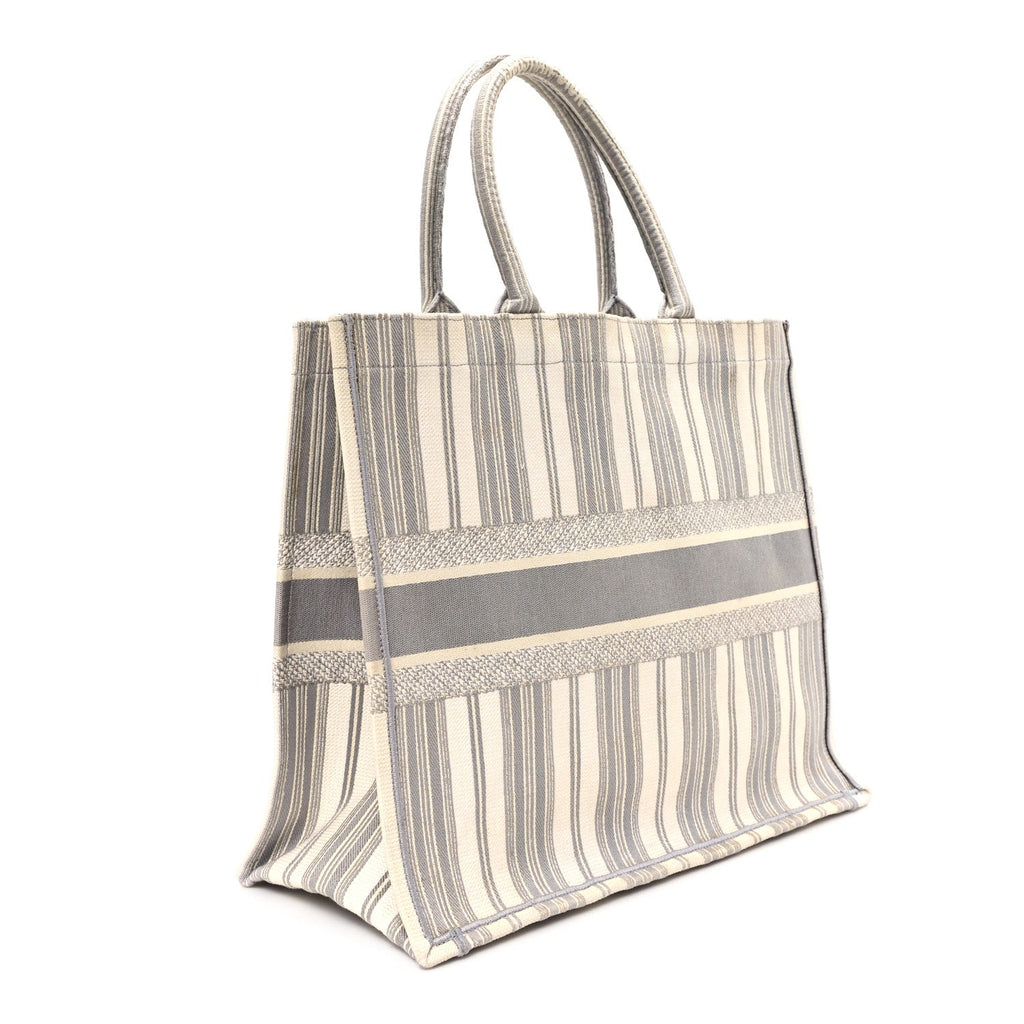 Canvas Embroidered Large Stripes Book Tote Grey
