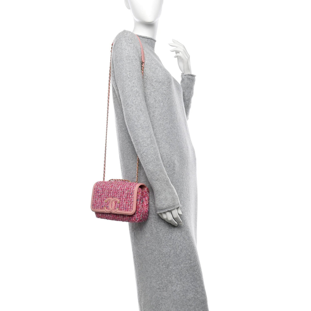 Tweed Lambskin Quilted Small CC Filigree Flap Pink