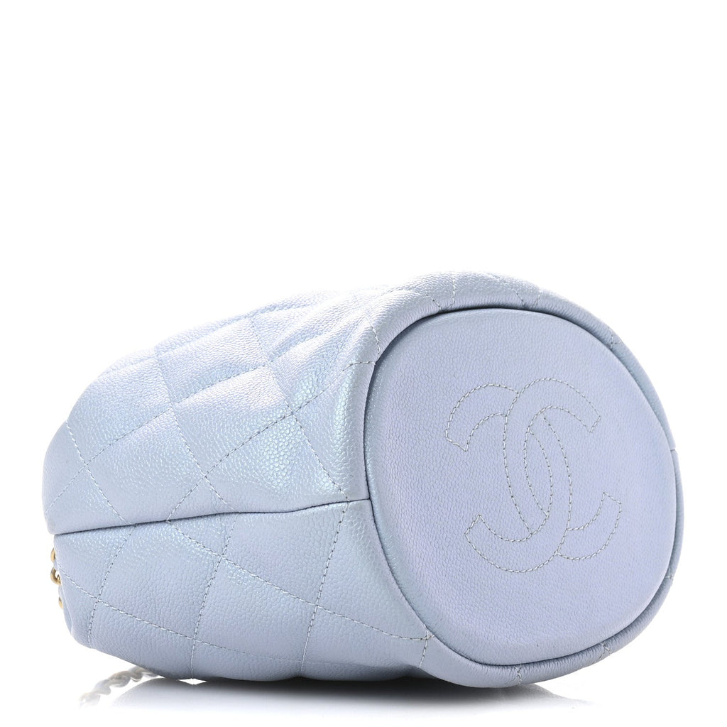 Iridescent Caviar Quilted My Perfect CC Bucket Drawstring Bag Light Blue