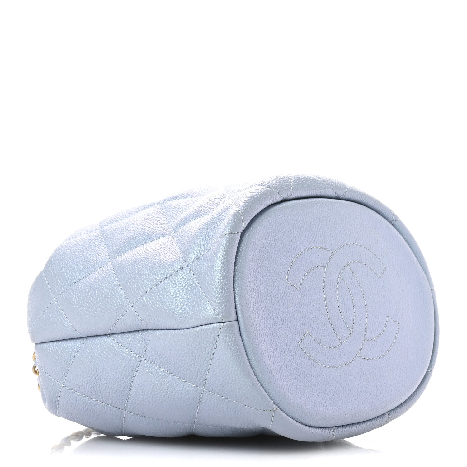 Iridescent Caviar Quilted My Perfect CC Bucket Drawstring Bag Light Blue