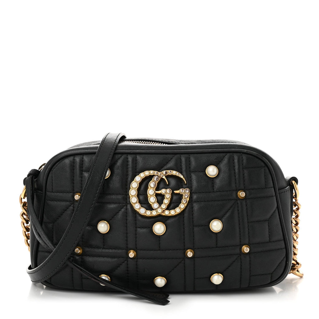Calfskin Matelasse Studded Small Pearly GG Marmont Chain Shoulder Bag Black