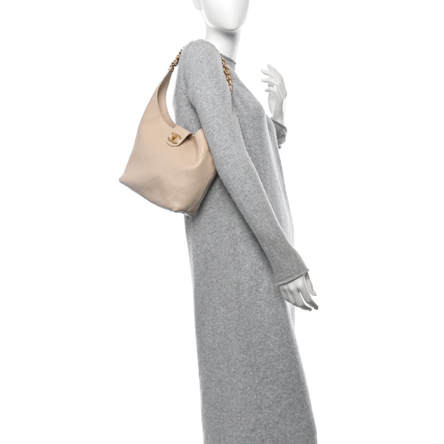 Shiny Lambskin Quilted Small Hobo Beige