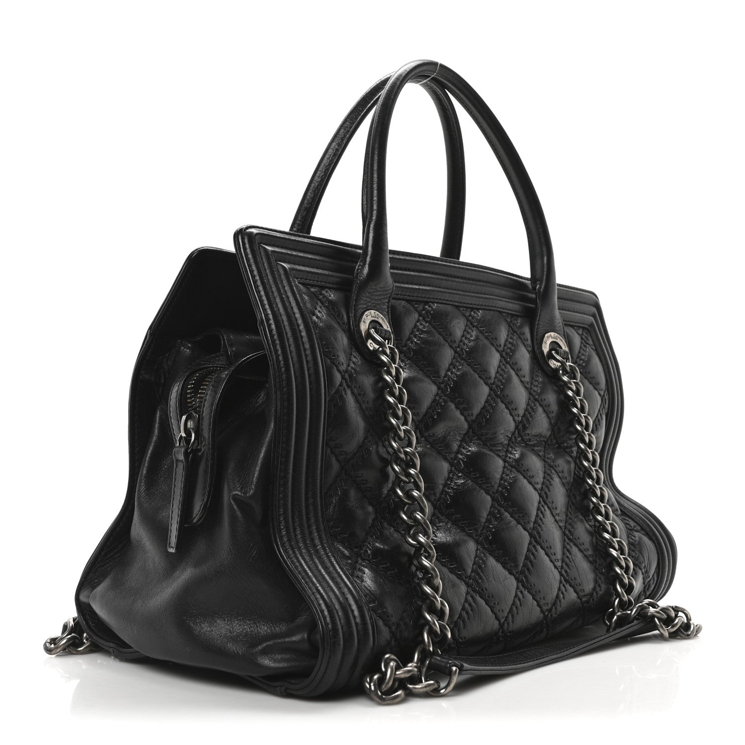 Calfskin Quilted Double Stitch Large Boy Tote Black