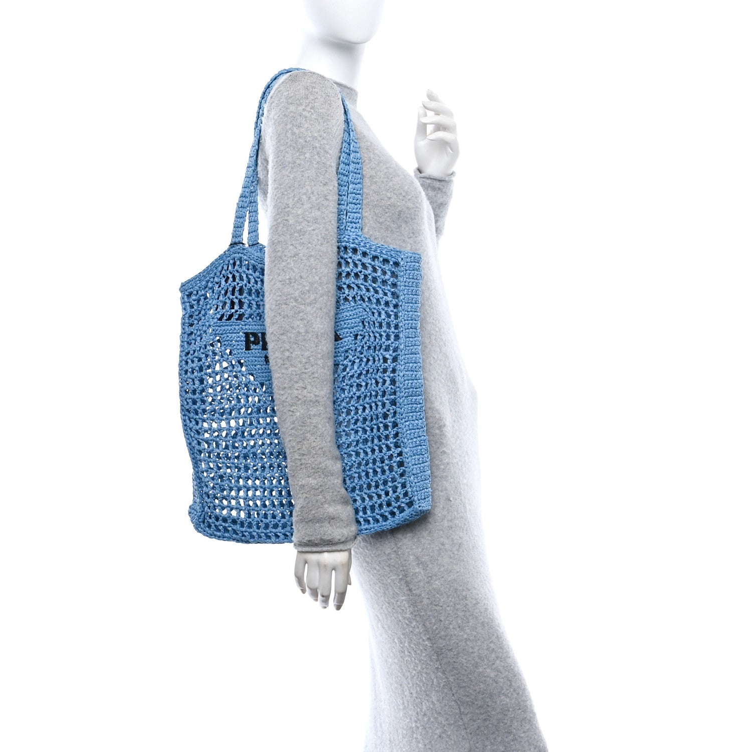 Yarn Raffia Effect Crochet Logo Embroidered Tote Bag Celeste