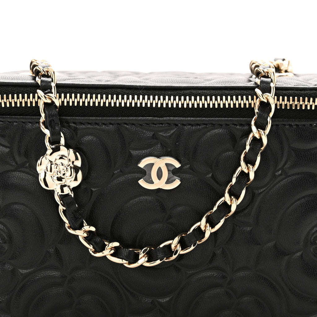 Lambskin Camellia Embossed Small Vanity Case With Chain Black