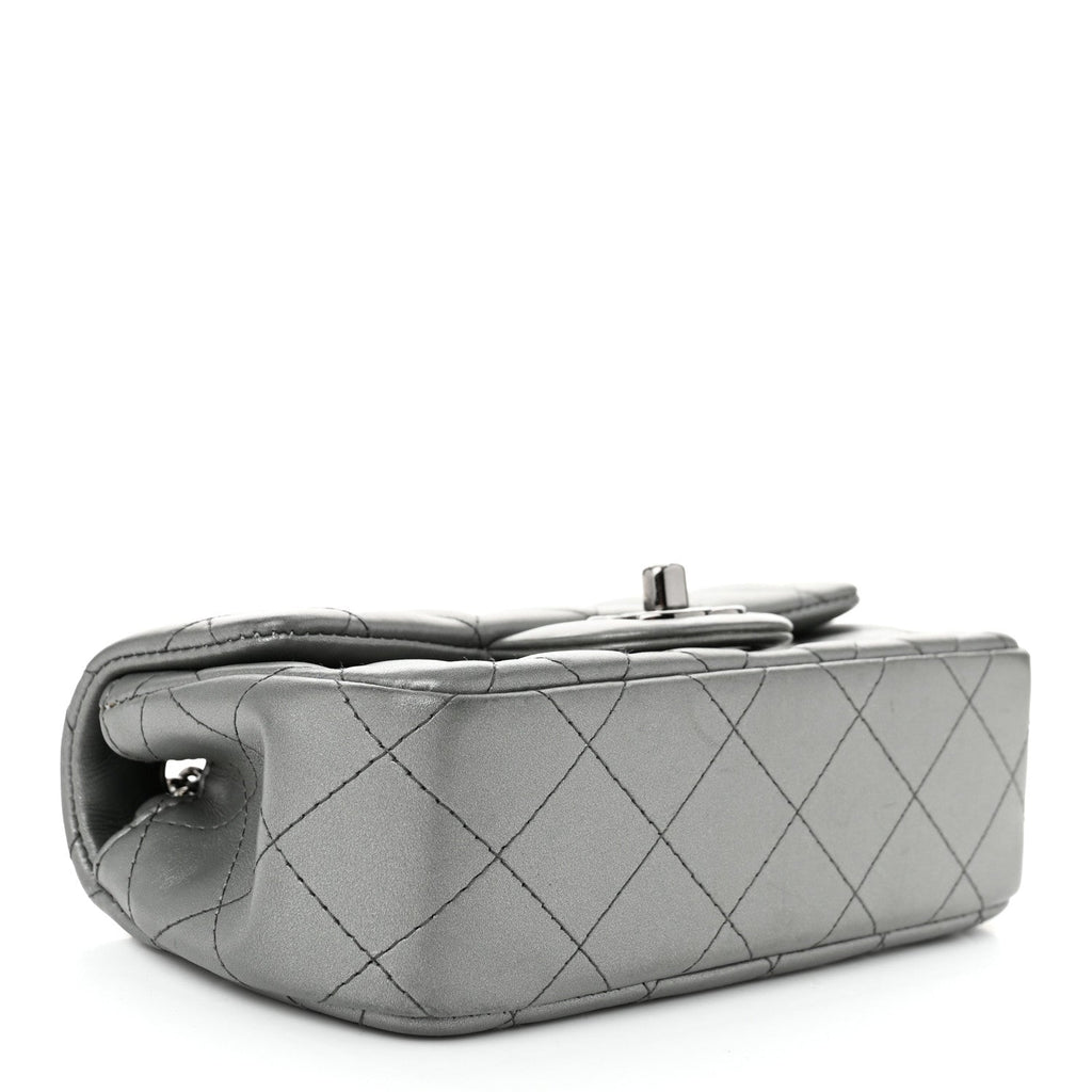 Metallic Lambskin Quilted Extra Mini Rectangular Flap Dark Silver