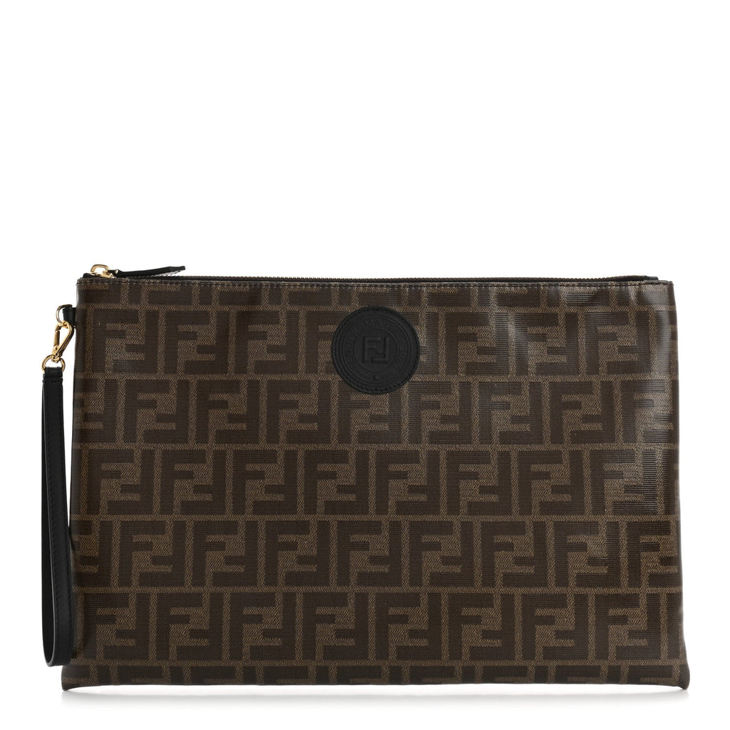 Glazed Fabric Vitello Century FF 1974 Stamp Patch Large Flat Pouch Mogano Panna Black