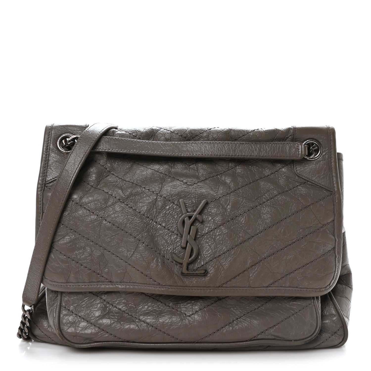 Crinkled Calfskin Matelasse Monogram Large Niki Chain Satchel Fog