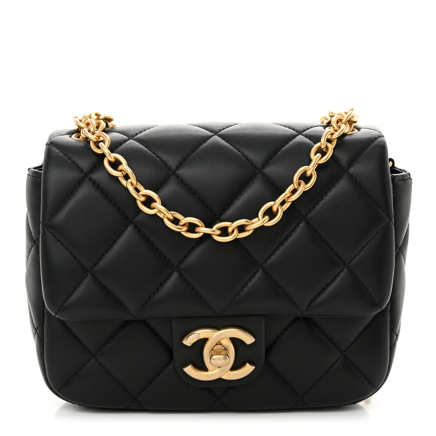 Lambskin Enamel Pearl Quilted Mini Charm Me Square Flap Black