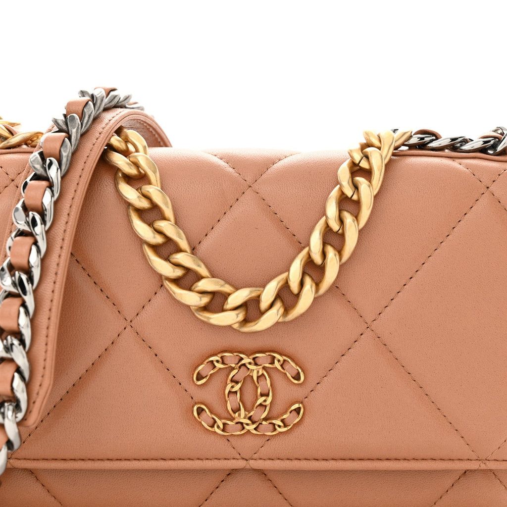 Lambskin Quilted Chanel 19 Wallet On Chain WOC Brown