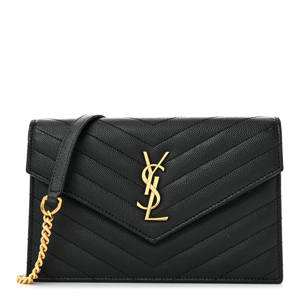 Grain De Poudre Matelasse Chevron Monogram Envelope Chain Wallet Black