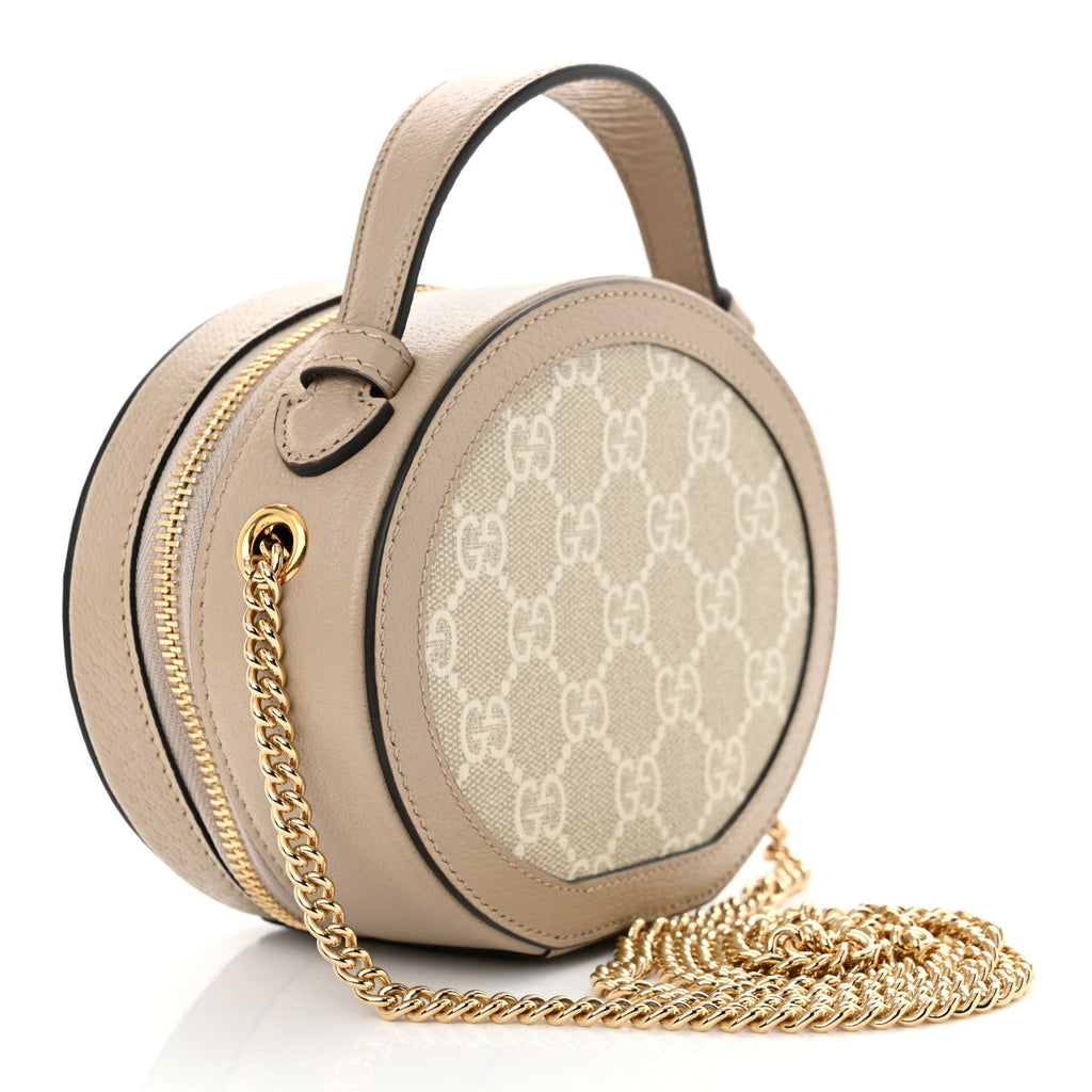 GG Supreme Monogram Top Handle Web Mini Ophidia Round Shoulder Bag Beige Mystic White