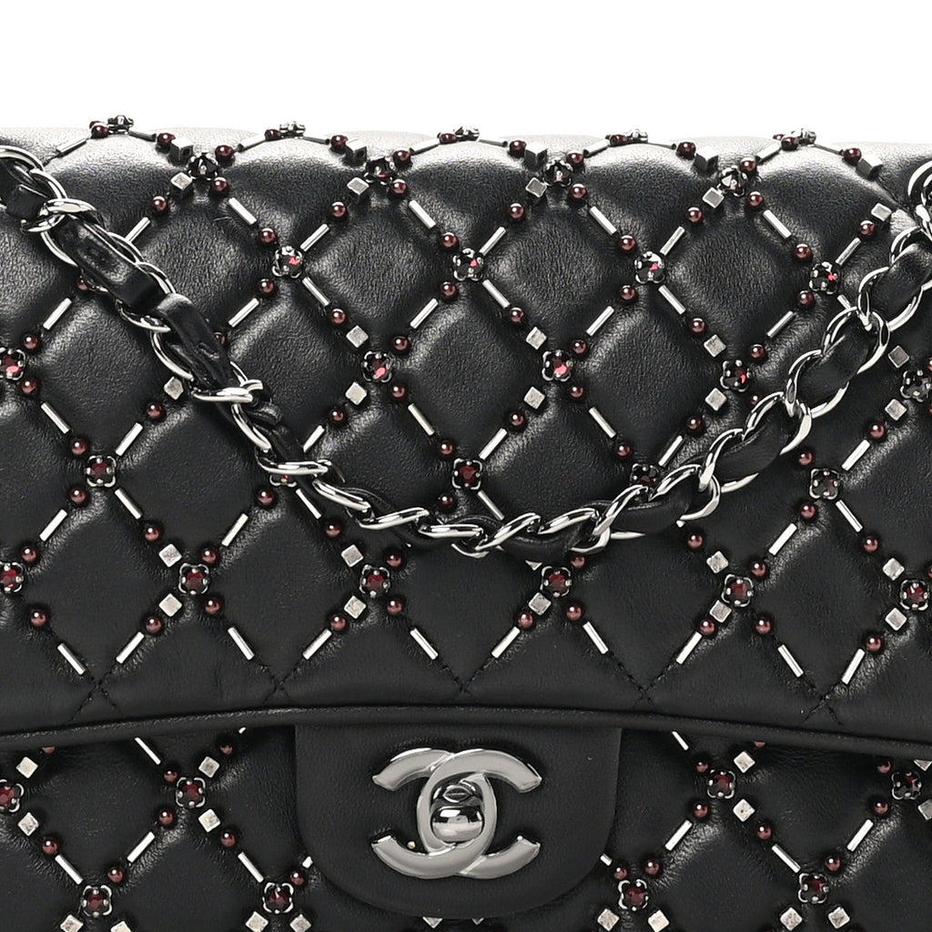 Lambskin Quilted Beaded Medium Double Flap Black
