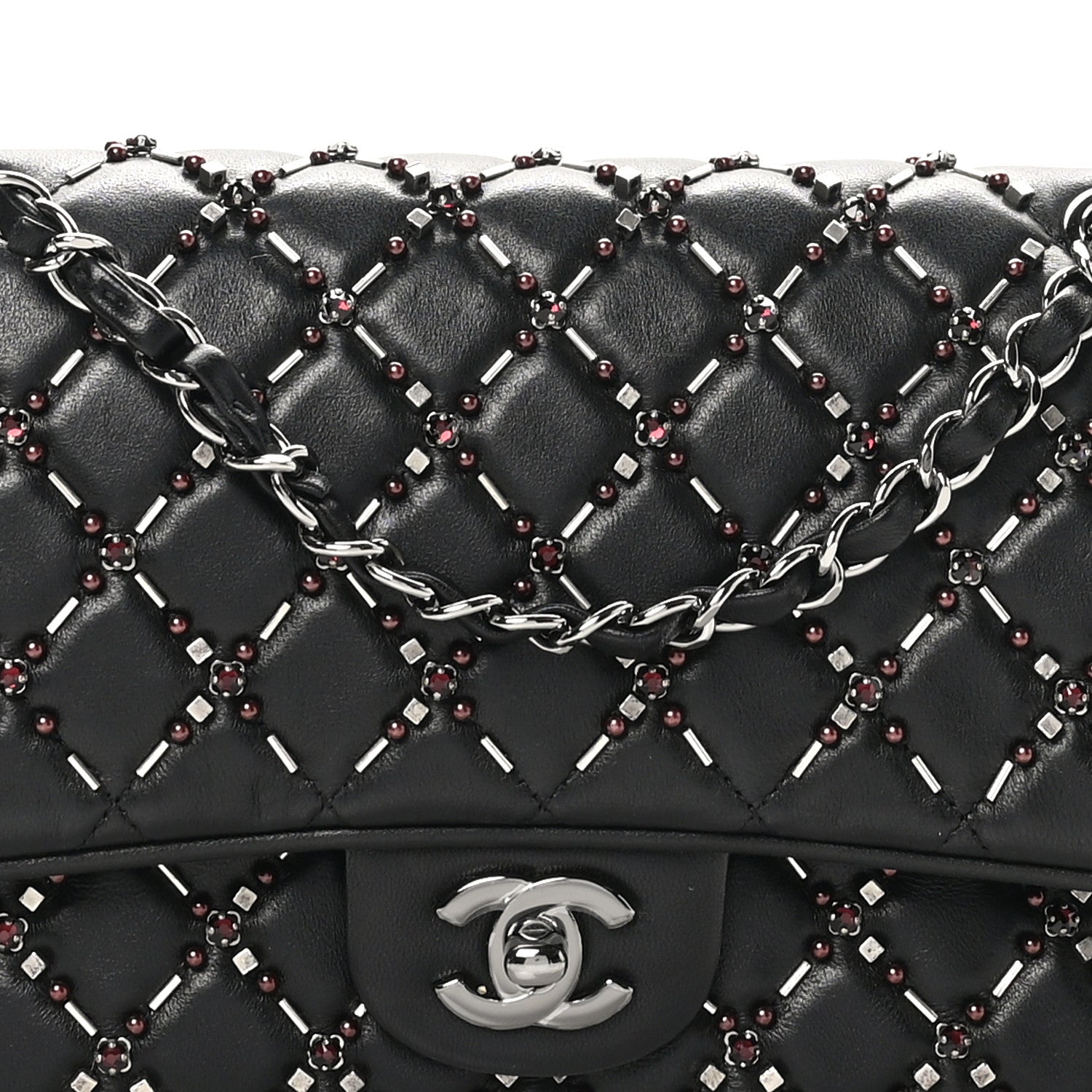 Lambskin Quilted Beaded Medium Double Flap Black