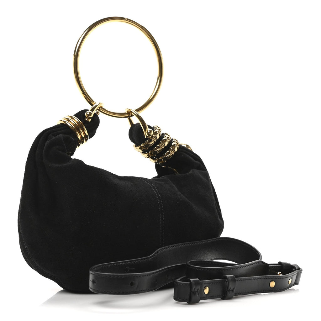 Suede Calfskin Small Snake Bracelet Hobo Bag Black