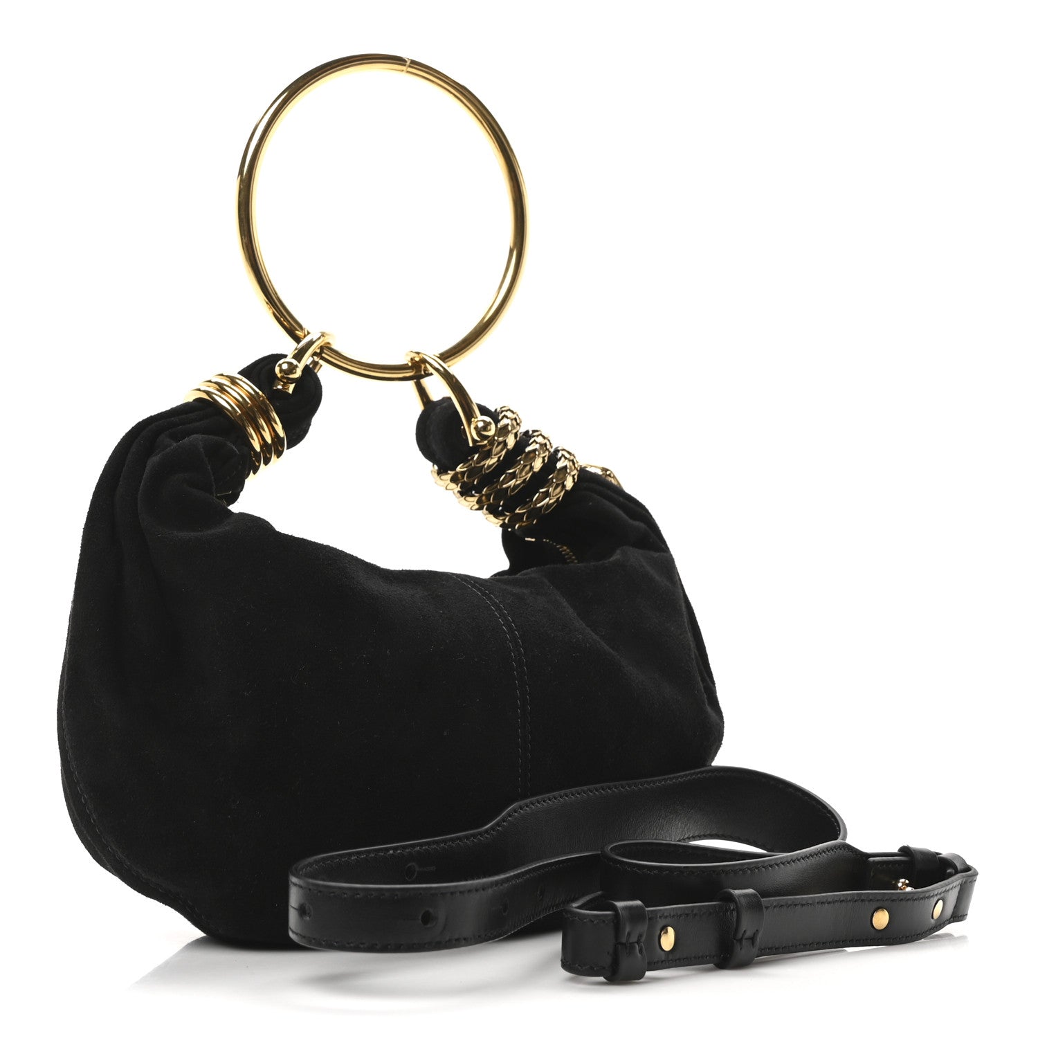 Suede Calfskin Small Snake Bracelet Hobo Bag Black