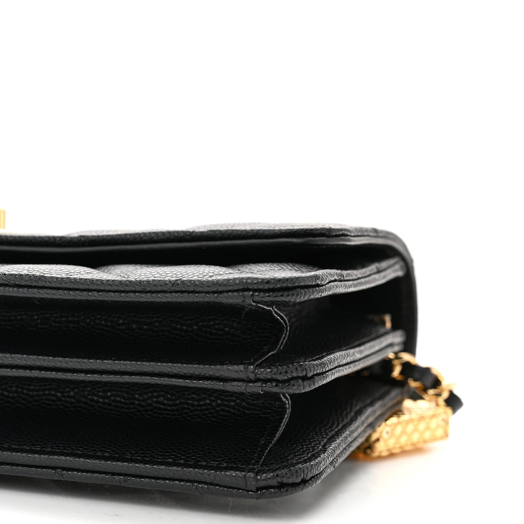 Shiny Caviar Quilted Flap Charm Wallet On Chain WOC Black