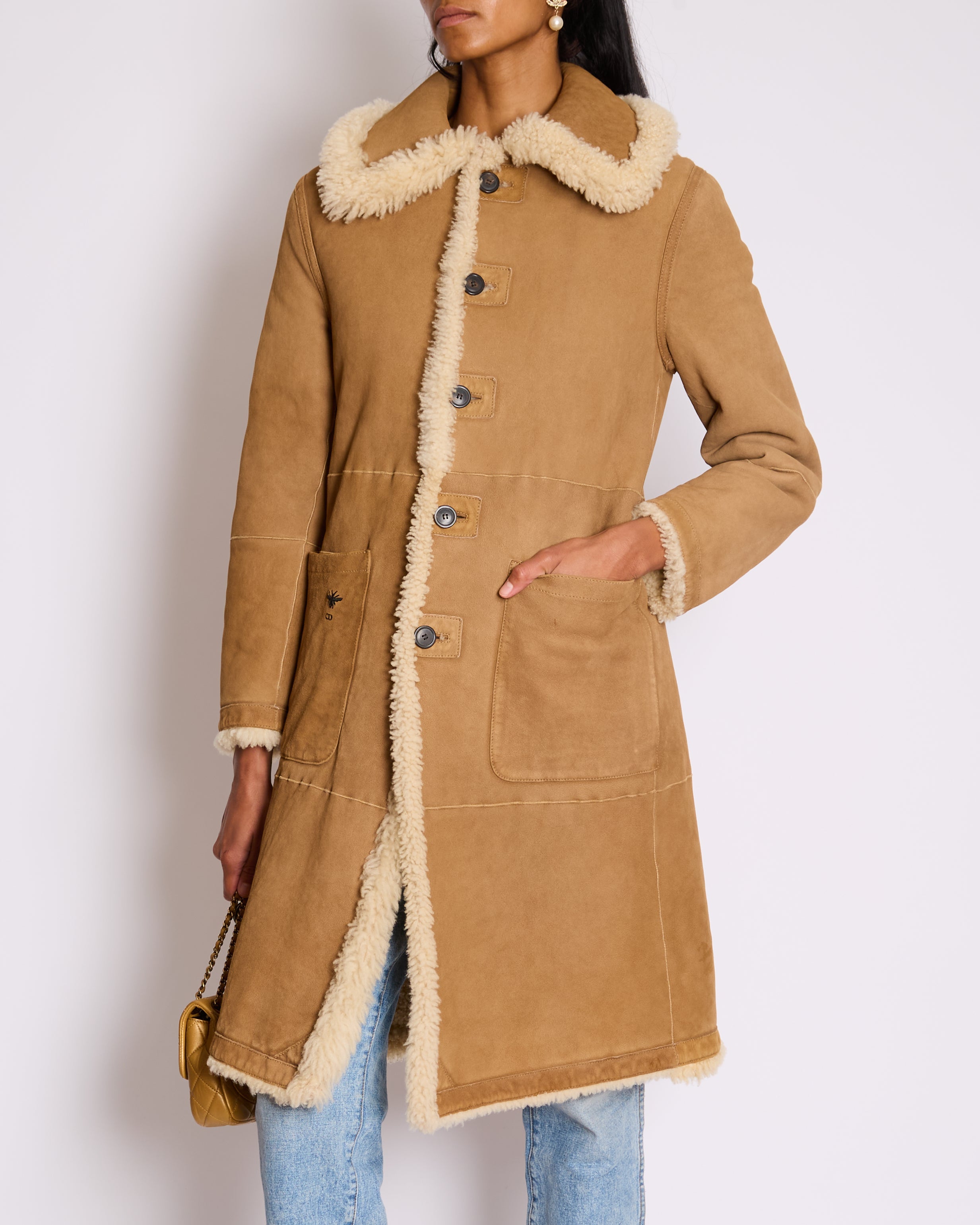 Christian Dior Beige and Cream Shearling Reversible Coat with CD Logo Detail Size FR 38 (UK 10)