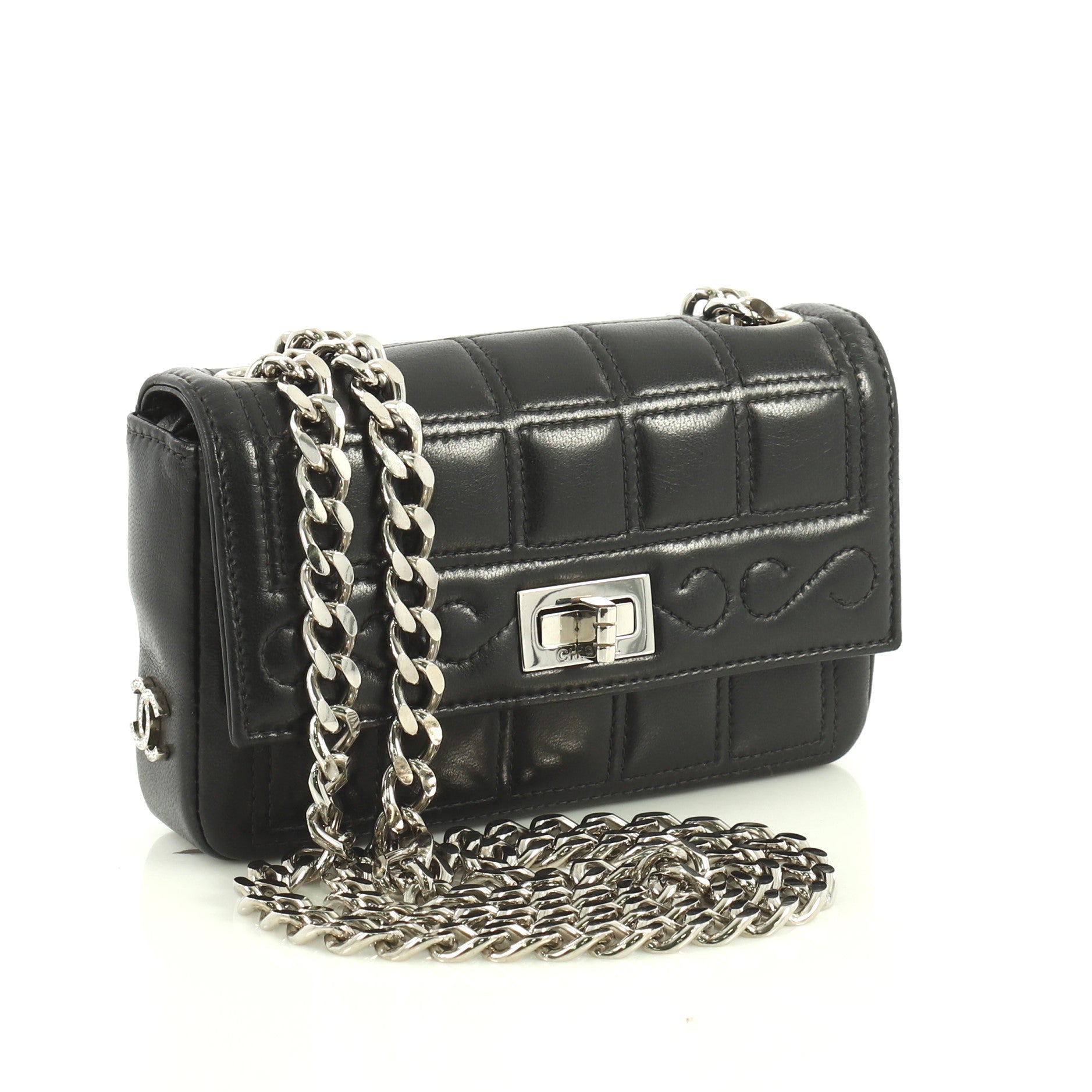 Vintage Chocolate Bar Mademoiselle Chain Flap Bag Quilted Leather Mini