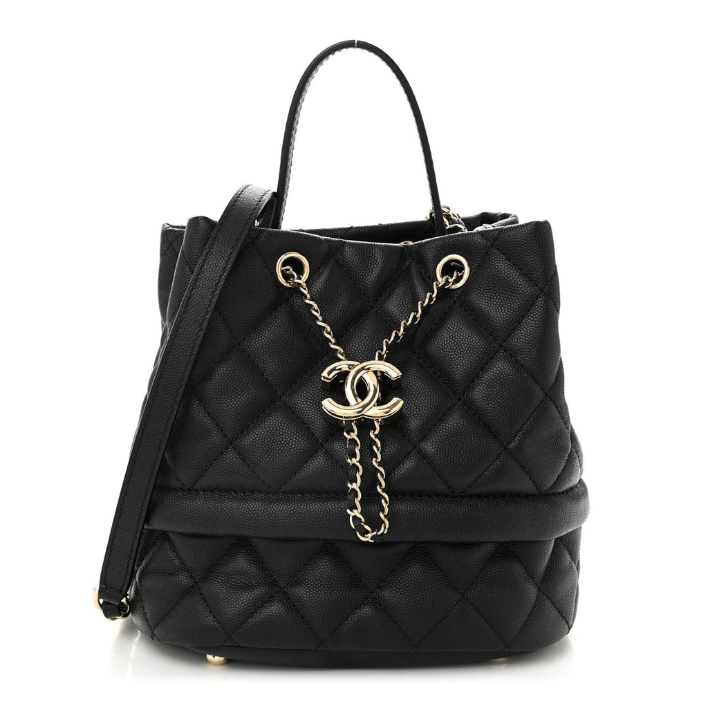 Caviar Quilted Rolled Up Bucket Drawstring Bag Black