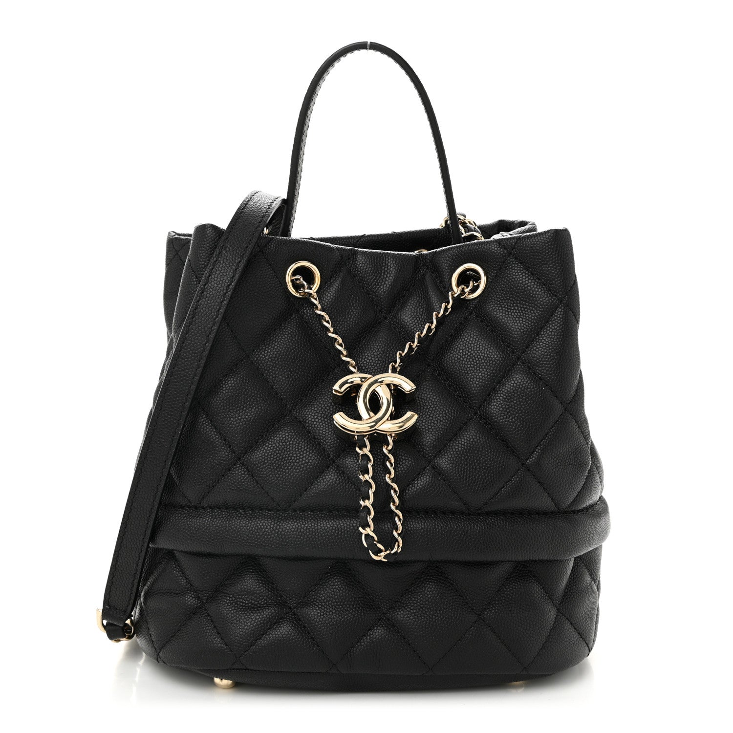 Caviar Quilted Rolled Up Bucket Drawstring Bag Black
