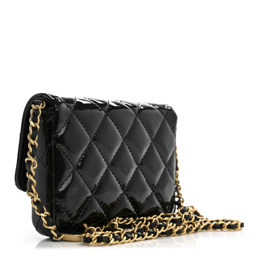 Patent Enamel Quilted Coco Hearts Clutch With Chain Black