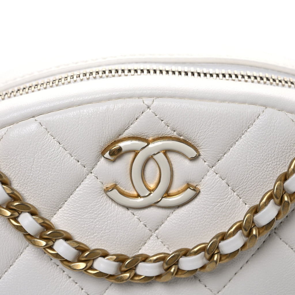 Lambskin Enamel Quilted Mini Clip Round Camera Case White