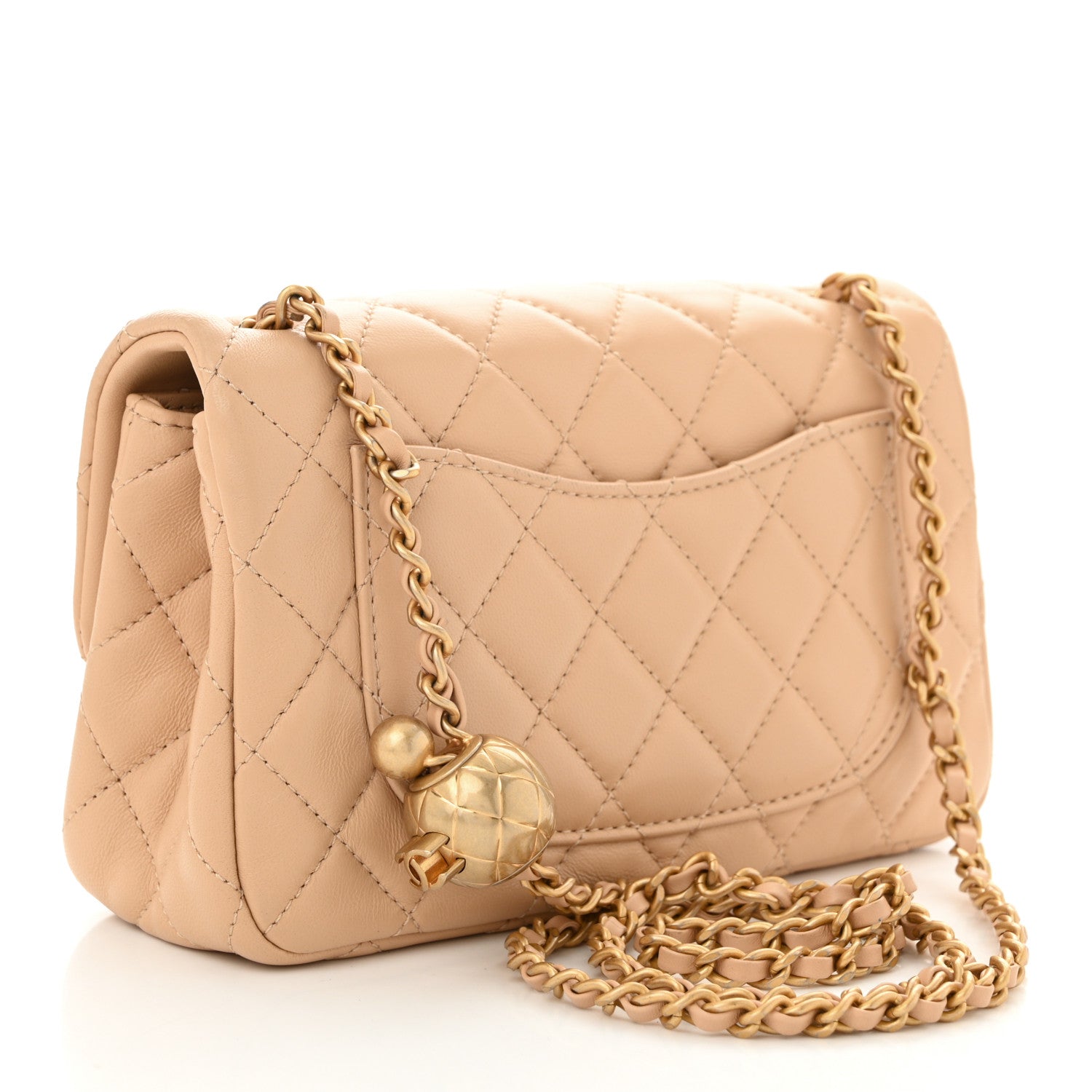 Lambskin Quilted Mini Rectangular Pearl Crush Flap Beige