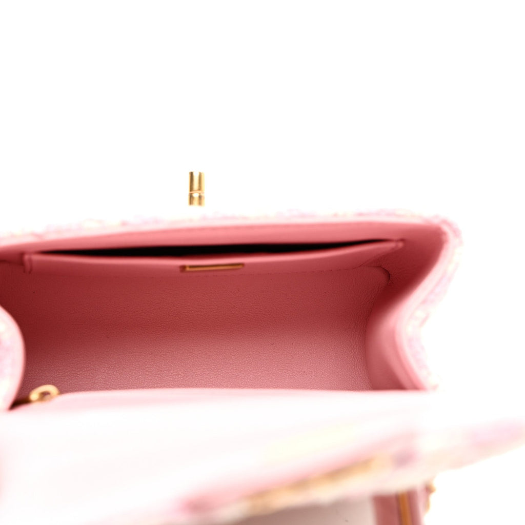 Tweed Handle Crush Top Handle Flap Bag Pink Ecru