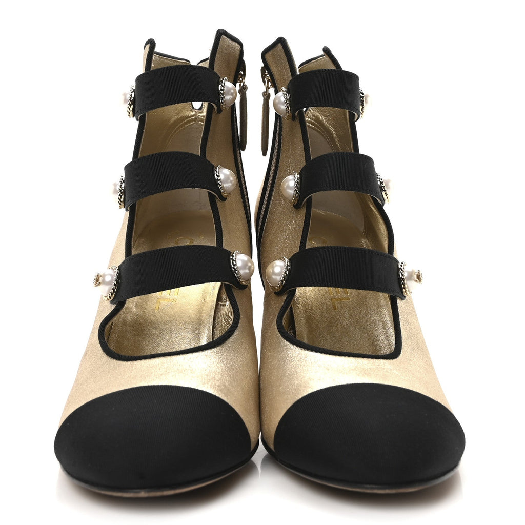 Metallic Calfskin Grosgrain Cap Toe Pearl Ankle Boots 36.5 Gold
