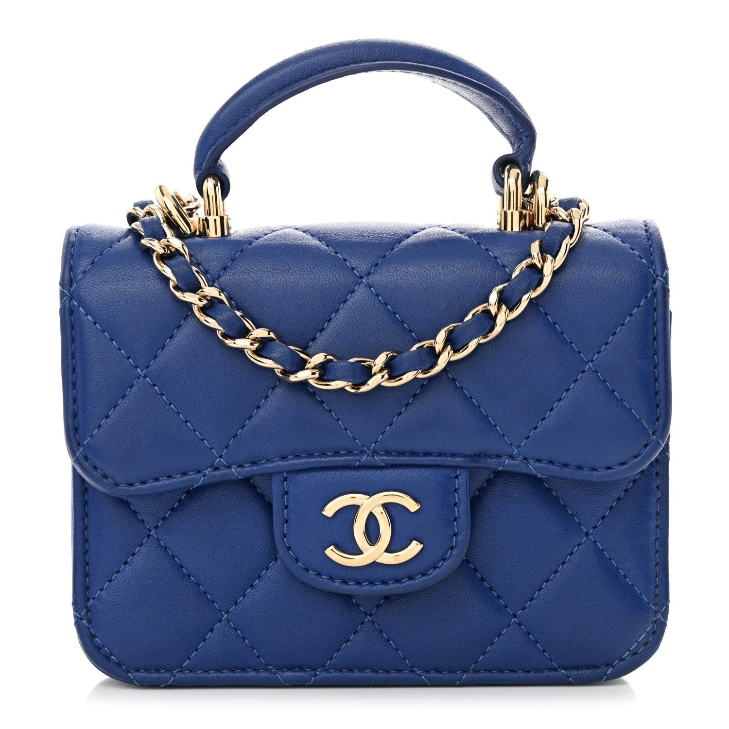 Lambskin Quilted Top Handle Flap Coin Purse With Chain Blue