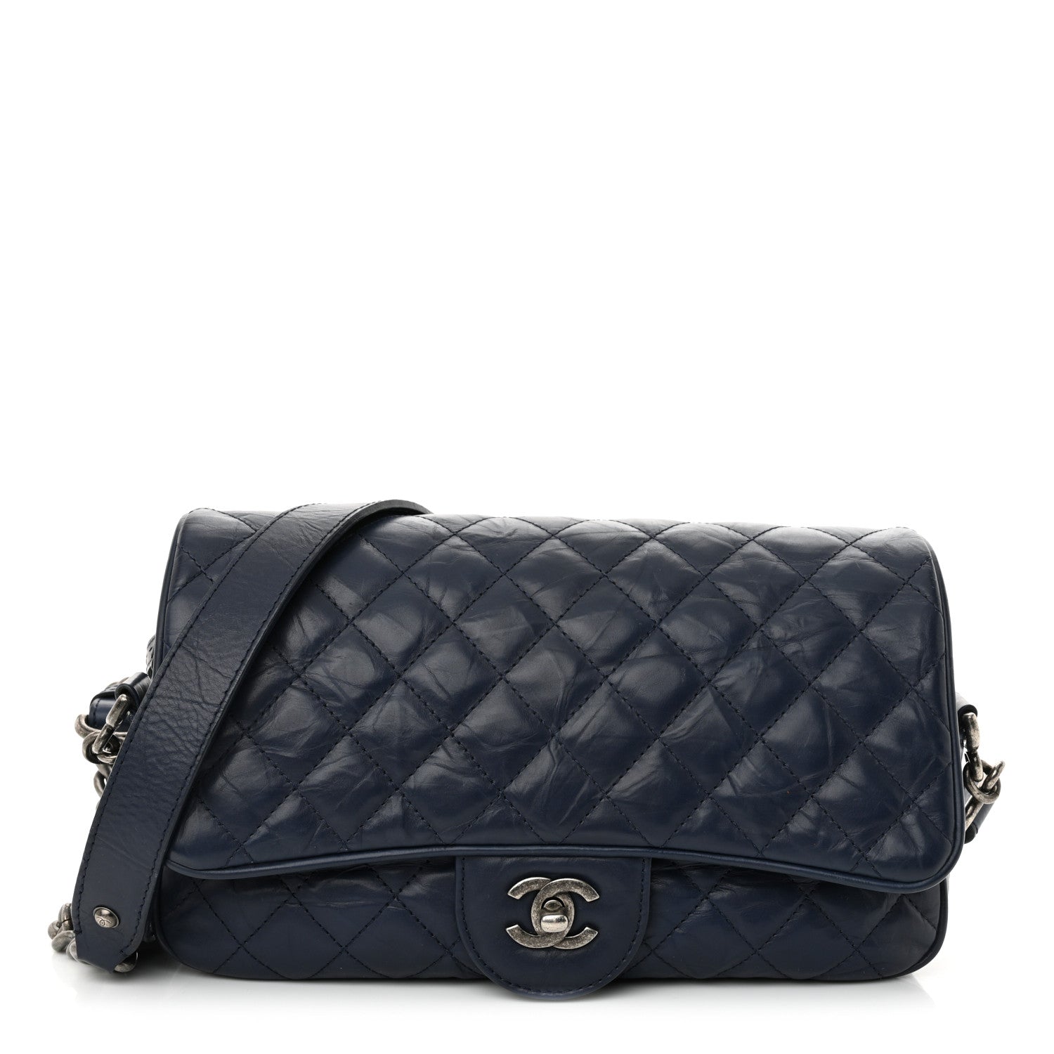 Crumpled Calfskin Quilted Medium Casual Rock Flap Navy