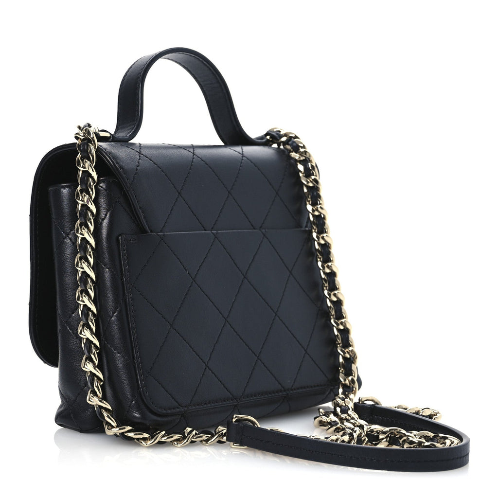 Calfskin Quilted Small Double Pocket Top Handle Flap Black