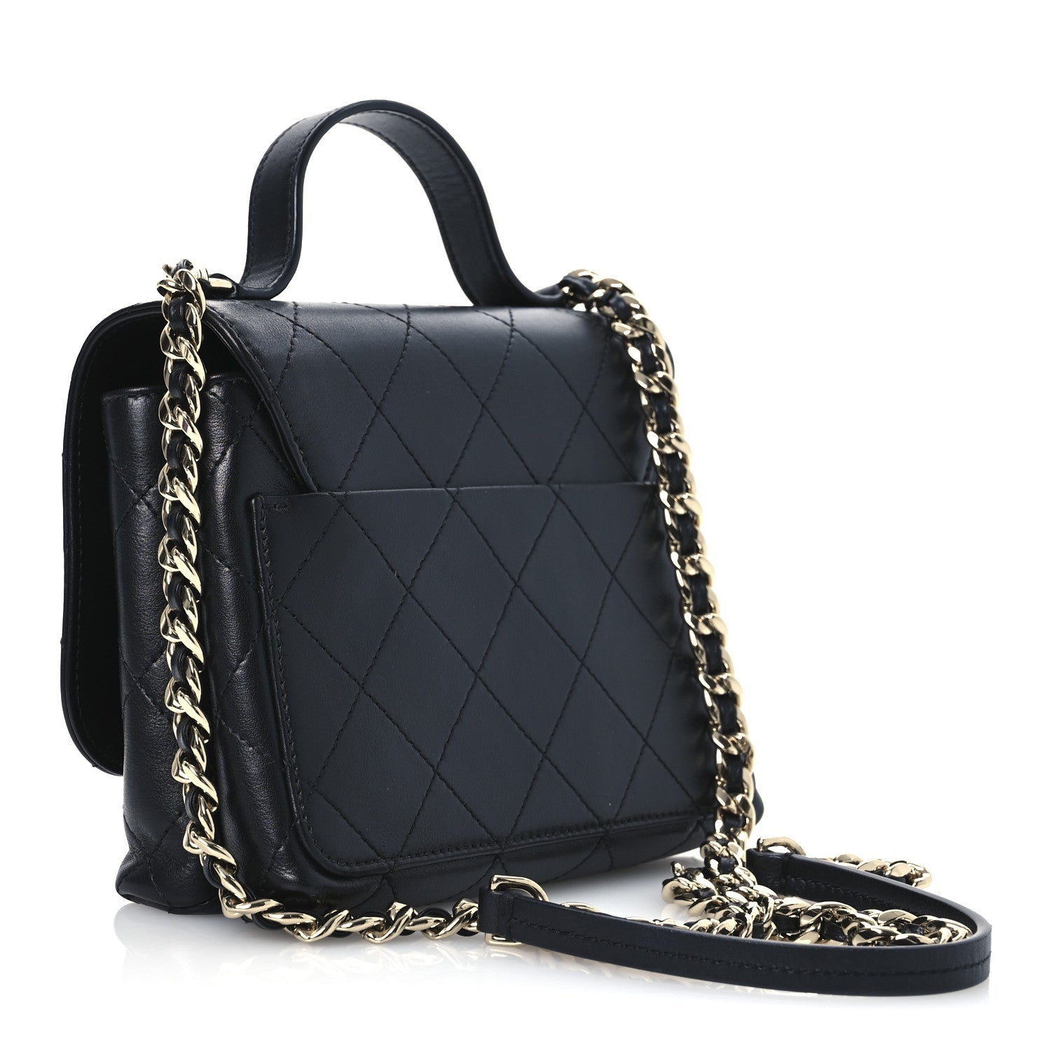 Calfskin Quilted Small Double Pocket Top Handle Flap Black