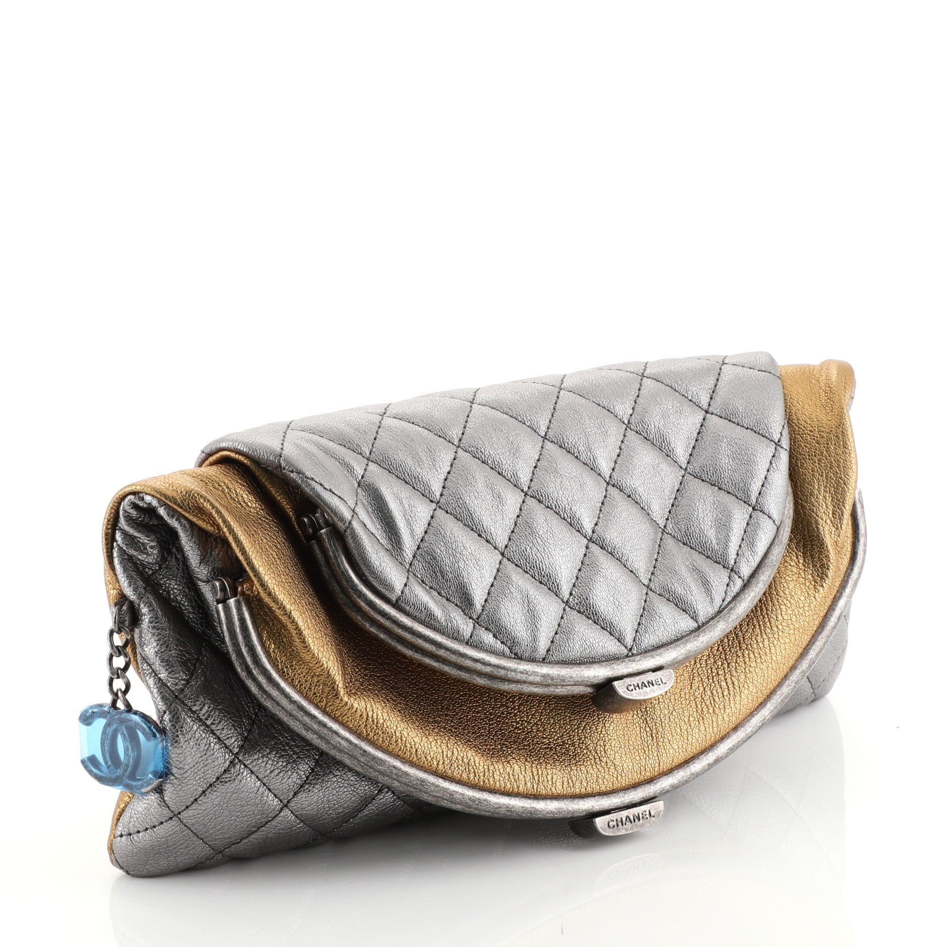 Double Kisslock Fold Over Clutch Quilted Leather Medium