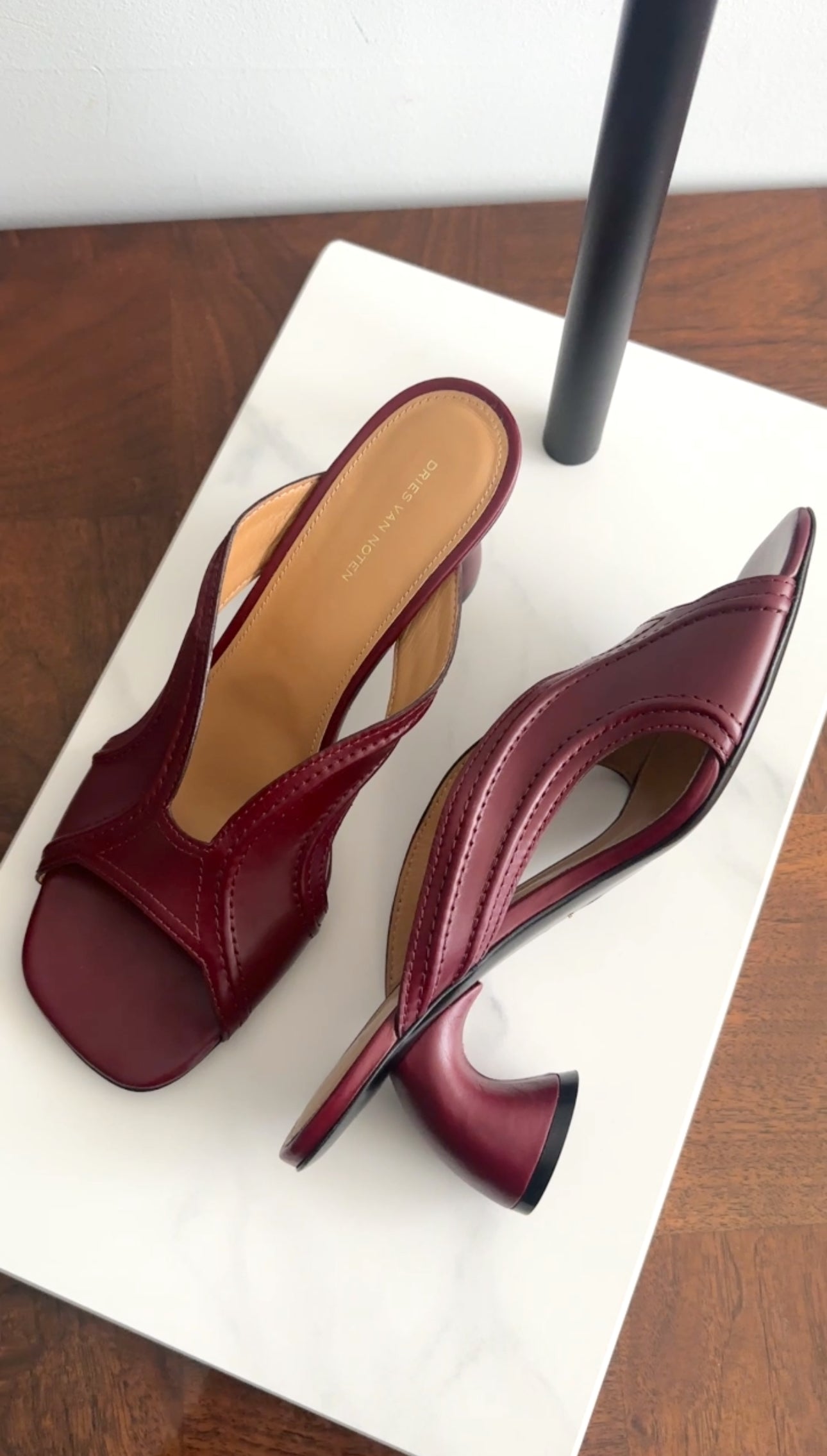 Dries Van Noten Burgundy Leather Curved Heel Mules - 40